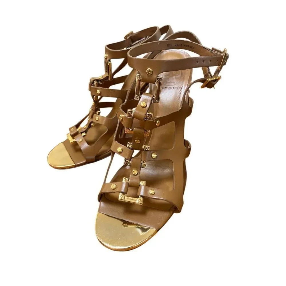 Tory Burch Francesca Camel Leather & Gold Strappy Ankle Stiletto High Heels 10